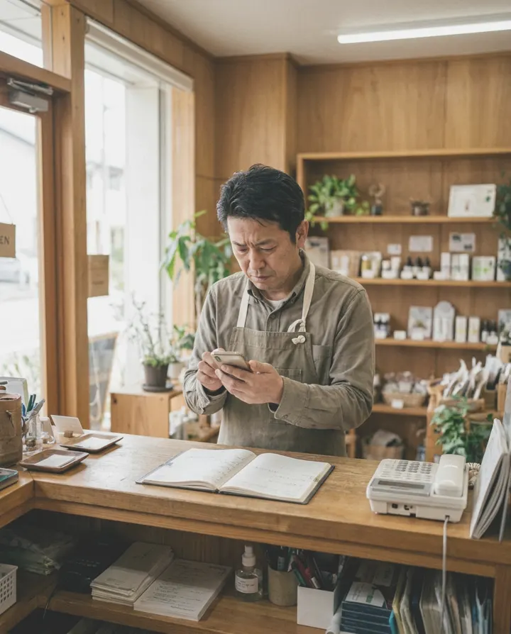 スマホで予約対応に追われる自営業の男性