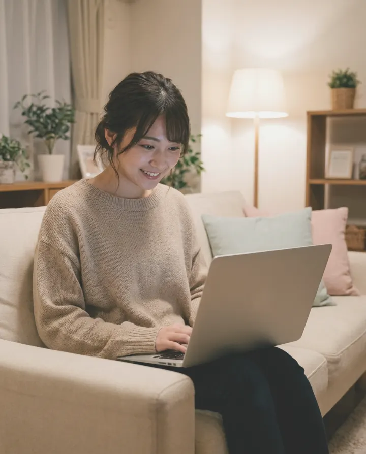 仕事終わりに自宅のソファで副業を考える女性